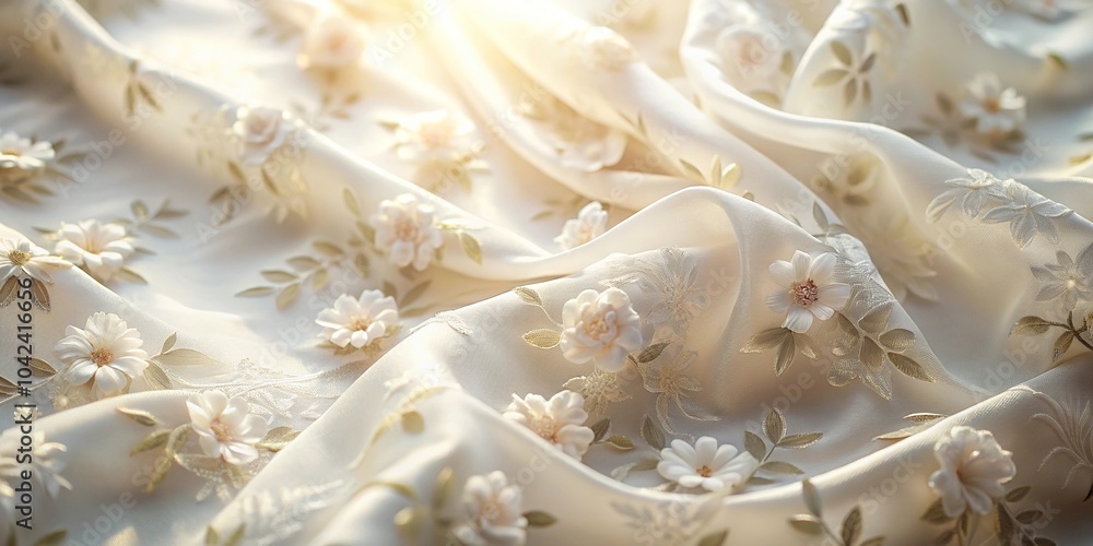 Depth of field background with white fabric with flowers pattern in sunlight Depth of field background with white fabric with flowers pattern in sunlight