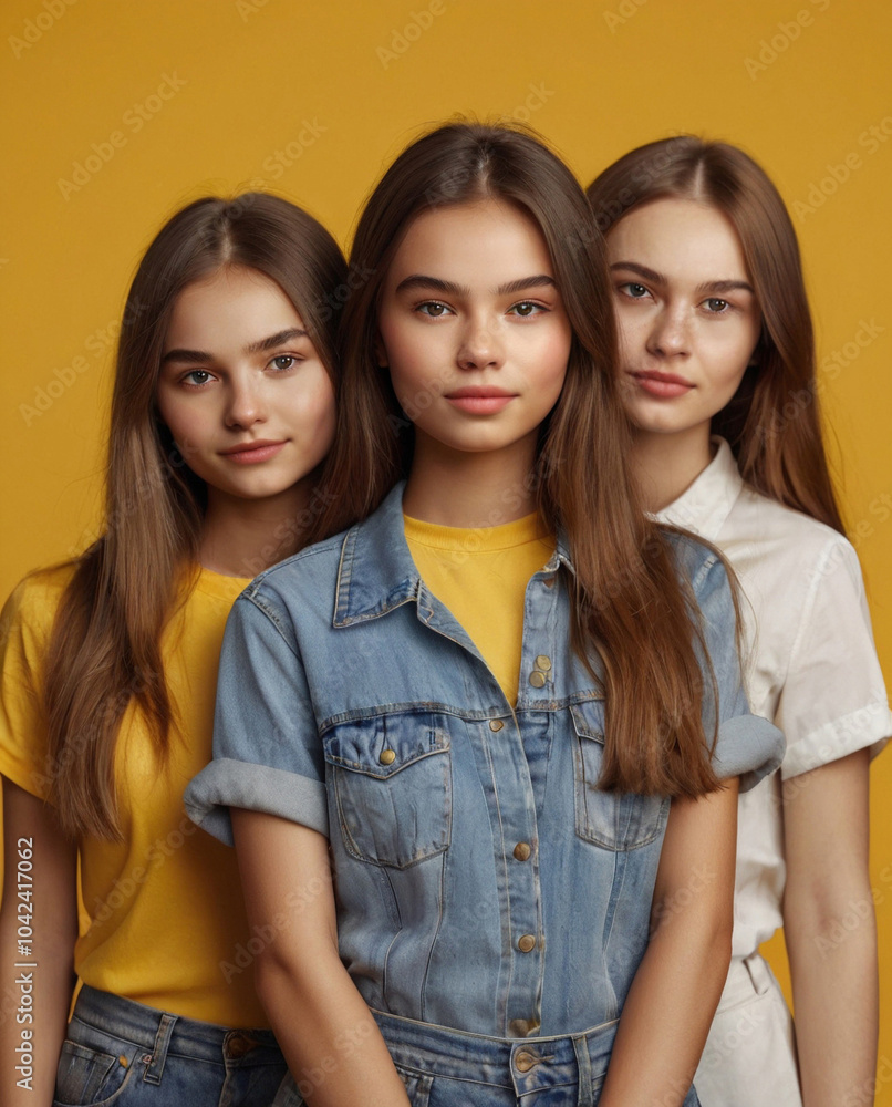 Cute Girls Posing on a Bright Yellow Background, Joyful and Vibrant Cute Girls Posing on a Bright Yellow Background, Joyful and Vibrant