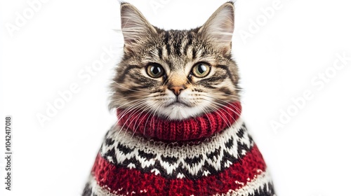 Charming cat in festive holiday sweater on  white backdrop. Christmas pet fashion and seasonal fun photo