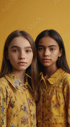 Cute Girls Posing on a Bright Yellow Background, Joyful and Vibrant