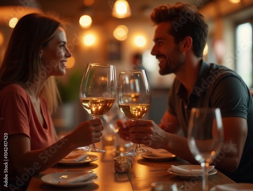 Young couple holding a glass of wine romantic scene in a restaurant