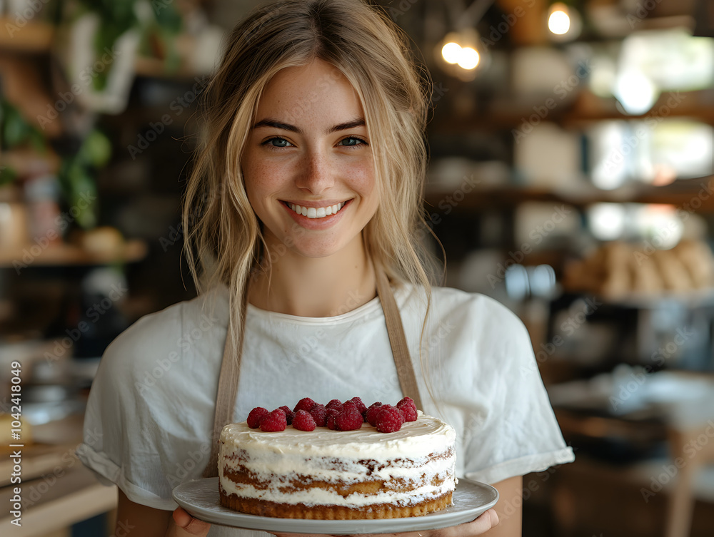 Joyful Woman Baking Delicious Raspberries Cake in Bright Kitchen Joyful Woman Baking Delicious Raspberries Cake in Bright Kitchen