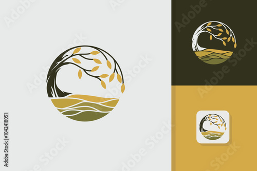 field and tree logo design vector template