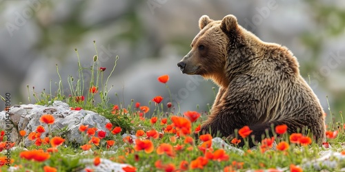 A brown bear sitting in a field of red poppies, looking at a single poppy. photo