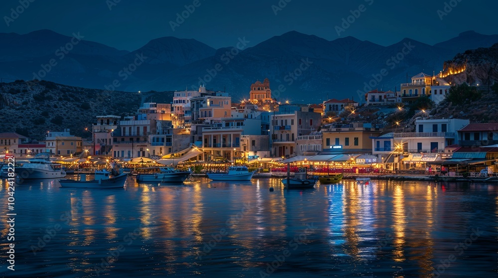 Fototapeta premium A charming seaside town with brightly lit buildings and boats in a harbor at dusk. The town is nestled between hills and the reflection of the lights shimmer on the water.
