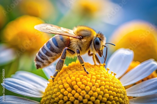 Depth of field image of bee on Cota tinctoria yellow chamomile blossom photo