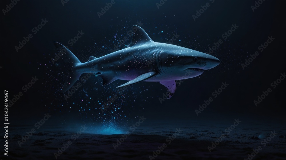 Fototapeta premium A shark swims through the dark ocean water with glowing particles surrounding it.