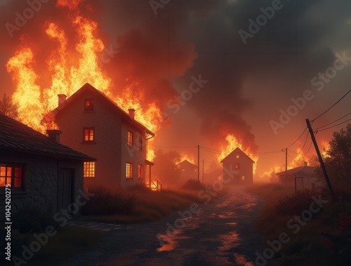 Burning buildings after the war war scene with flaming houses