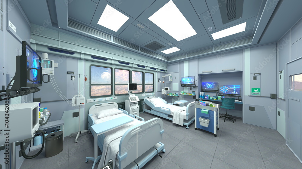 宇宙船内の病室 3DCGレンダリング 宇宙船内の病室 3DCGレンダリング