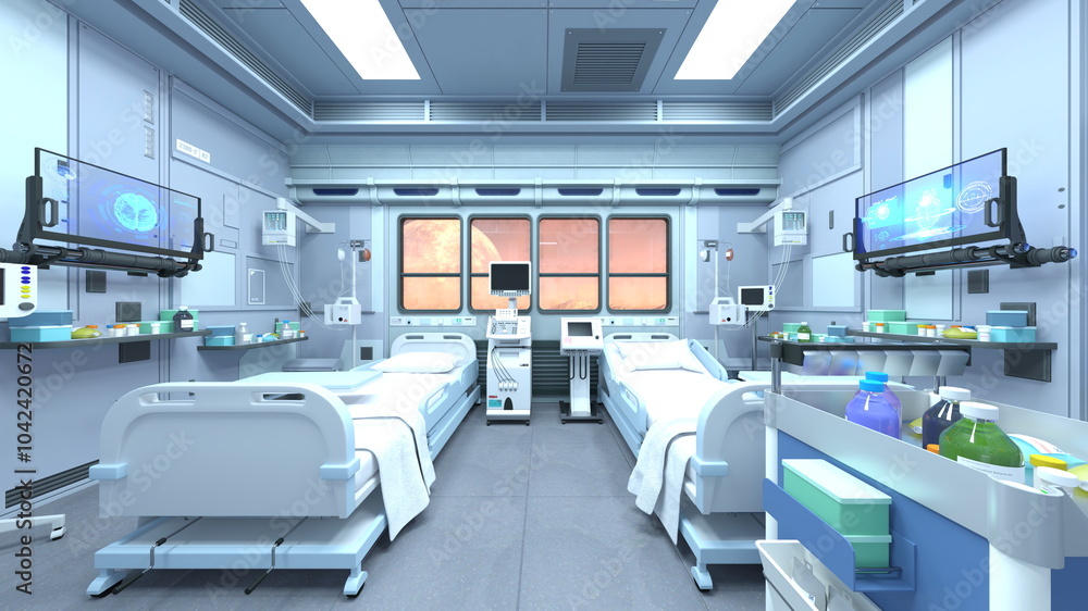 Obraz premium 宇宙船内の病室 3DCGレンダリング