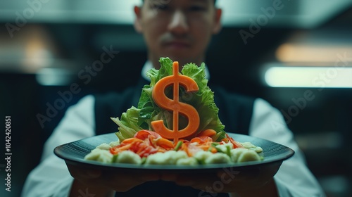 A chef presenting a creatively arranged salad with a dollar sign garnish in a bustling restaurant kitchen