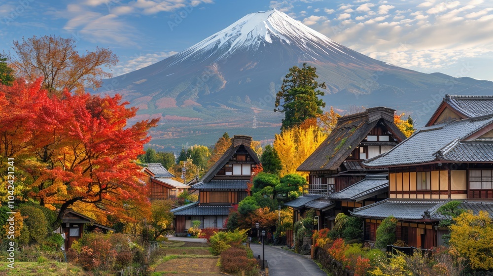 colorful maple trees in autumn with traditional Japanese house village at countryside Fuji mountain area of Japan. colorful maple trees in autumn with traditional Japanese house village at countryside Fuji mountain area of Japan.
