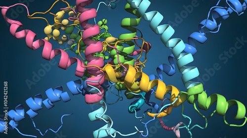 a scientific 3D visualization of a protein or molecular structure. The molecule is represented as colored helical ribbons, typical of the representation of secondary structures