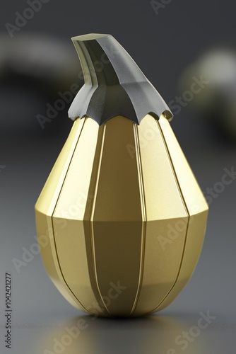 A shiny golden bullet shaped object with a pointed tip and a textured top rests on a dark surface, showcasing intricate geometric design elements photo