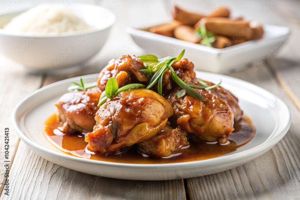 Depth of field shot of beautifully plated chicken adobo on white porcelain dish Depth of field shot of beautifully plated chicken adobo on white porcelain dish