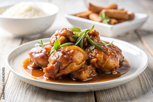 Depth of field shot of beautifully plated chicken adobo on white porcelain dish