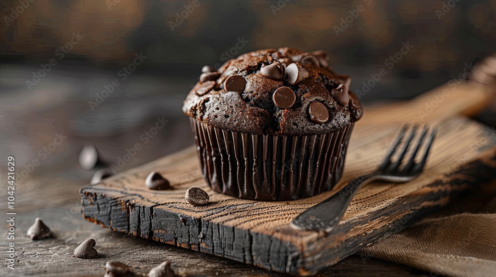 A single chocolate chip muffin on a rustic wooden cutting board with a fork nearby. A single chocolate chip muffin on a rustic wooden cutting board with a fork nearby.