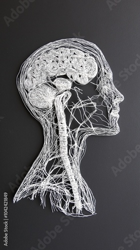 Intricate wire art depicting a human brain and nervous system against a dark background, showcasing anatomical details and creativity photo