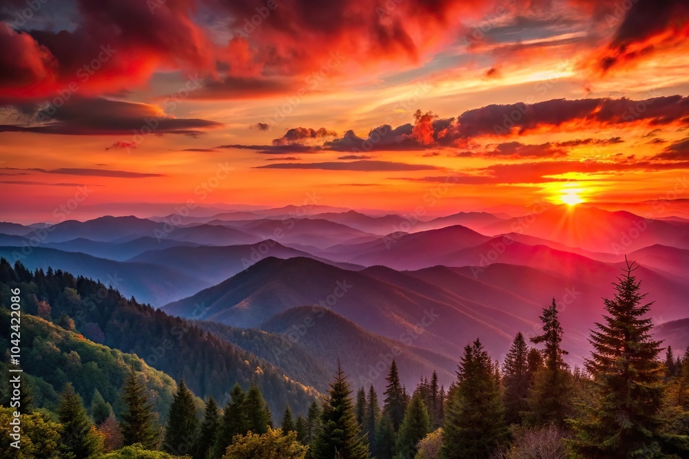 Depth of field sunset in the mountains during red dusk Depth of field sunset in the mountains during red dusk