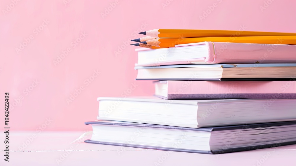 A stack of books and pencils on a pink background. A stack of books and pencils on a pink background.