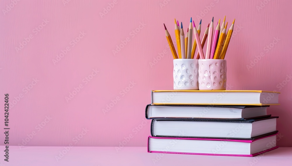 A stack of books with two pencil holders filled with colorful pencils against a pink background. A stack of books with two pencil holders filled with colorful pencils against a pink background.