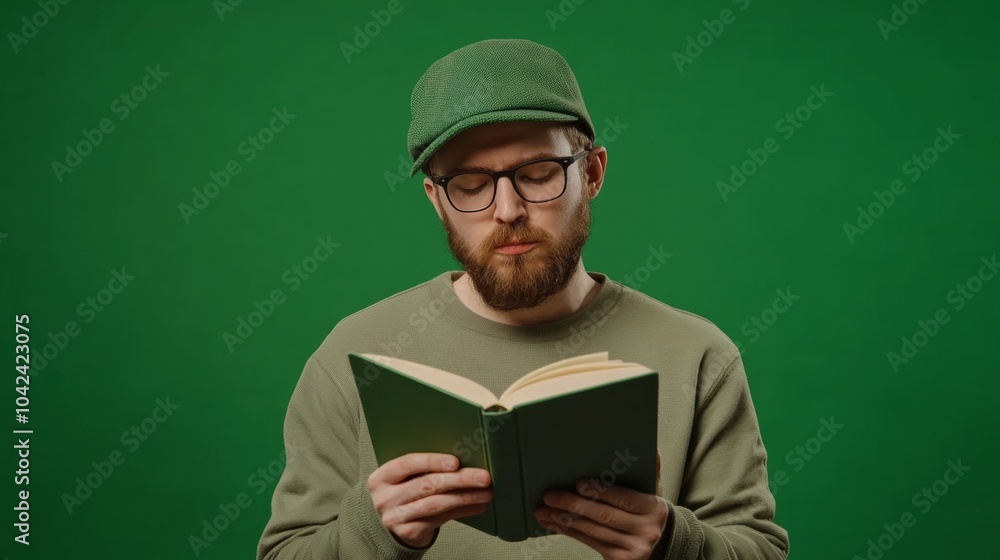 A casual reader relaxes while flipping through the pages of a motivational book against a green backdrop. A casual reader relaxes while flipping through the pages of a motivational book against a green backdrop.