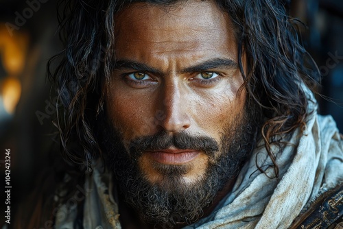 Close-up Portrait of a Man with Dark Hair and a Beard, Looking Directly at the Camera