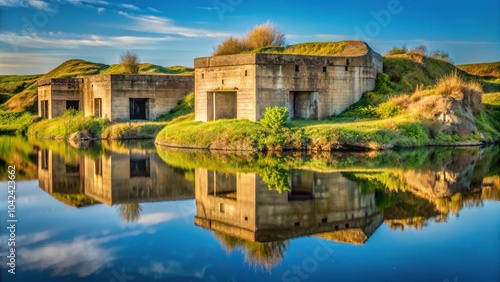 Derelict reinforced concrete bunkers reflecting in beautiful landscape scenery