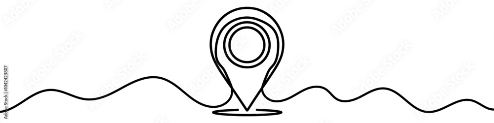 Single line is creating a location pin over a wavy road. Vector illustration. Single line is creating a location pin over a wavy road. Vector illustration.