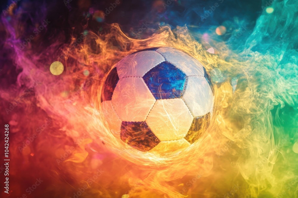 Naklejka premium A Soccer Ball Surrounded by Bright Flames and Smoke