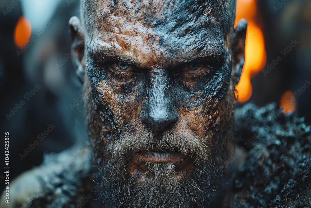 Obraz premium Close-up portrait of a man with a soot-covered face and beard