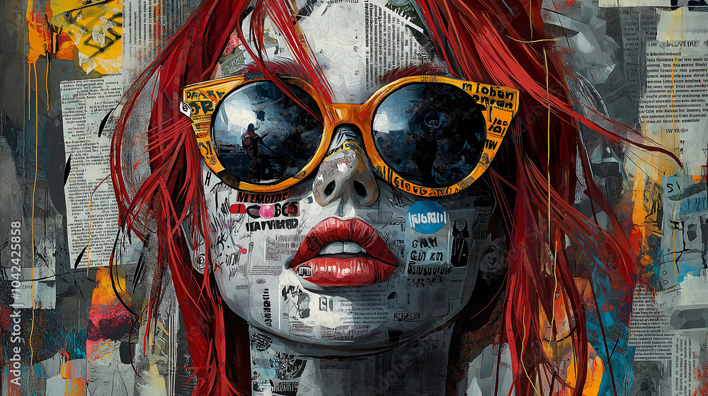 A red-haired punk rock woman wearing sunglasses, covered in street art graffiti and stickers with text on her face, comic book art, iconic album covers, gothic illustration A red-haired punk rock woman wearing sunglasses, covered in street art graffiti and stickers with text on her face, comic book art, iconic album covers, gothic illustration