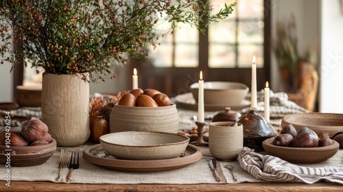 Thanksgiving table featuring warm, earth-toned dishes, handcrafted pottery, and candles photo