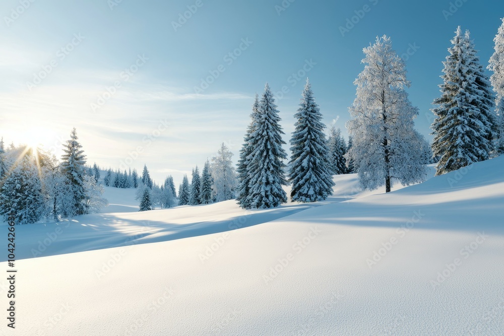 A snowy field with trees in the background A snowy field with trees in the background