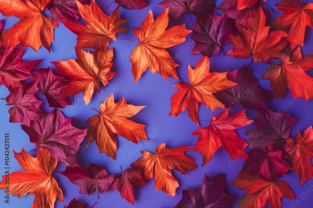 Artistic background of red maple leaves on purple paper, creating a vibrant contrast. Artistic background of red maple leaves on purple paper, creating a vibrant contrast.