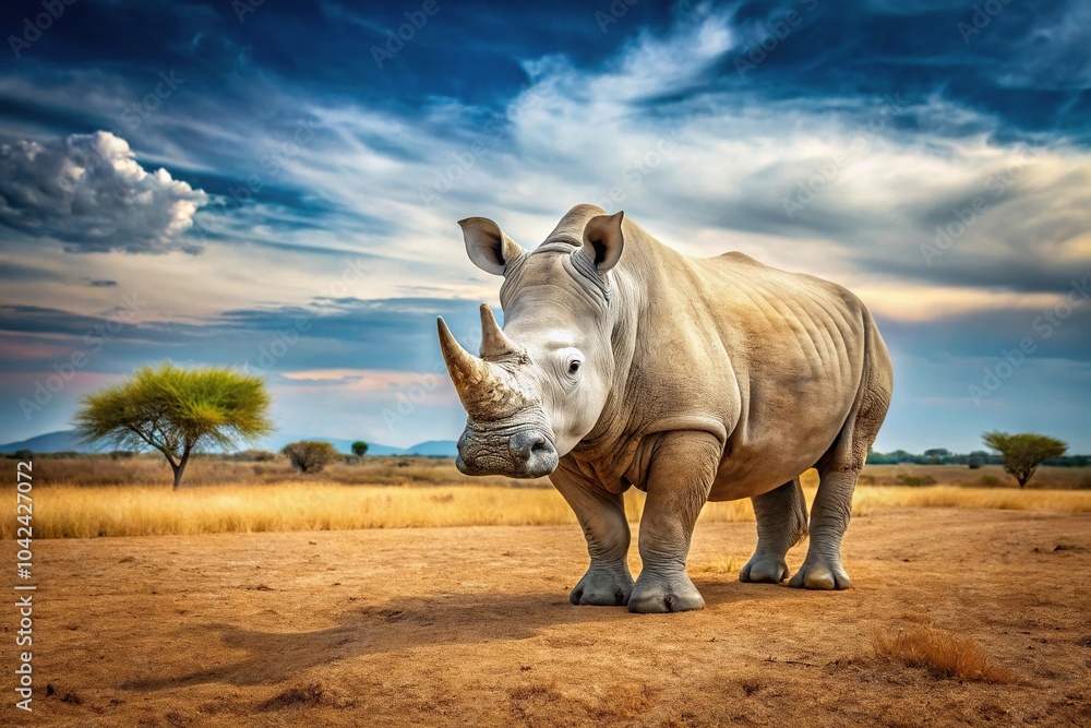 Fototapeta premium description: Alerted white rhino bull in dry season