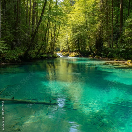 Crystal-clear river flowing through a dense forest