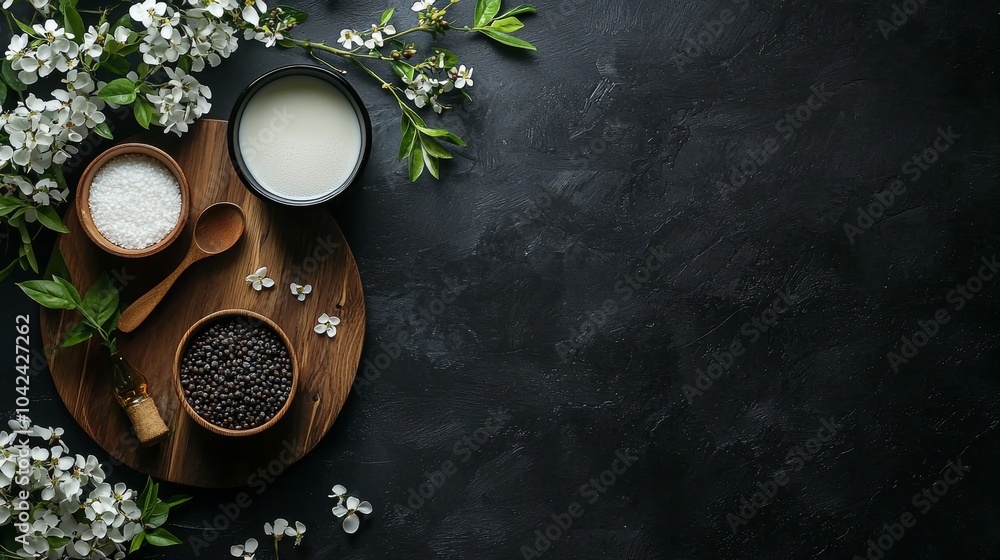 Flat lay of natural ingredients with flowers on dark background Flat lay of natural ingredients with flowers on dark background