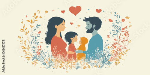 vector A happy family of three, a mom, a dad, and a child, surrounded by flowers and hearts, symbolizing love and togetherness.