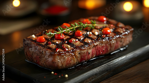 Grilled steak garnished wit...