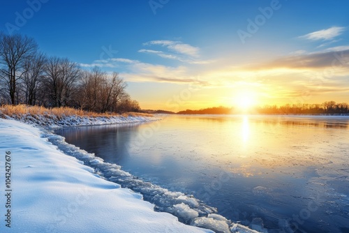 A beautiful winter scene with a river and a lake