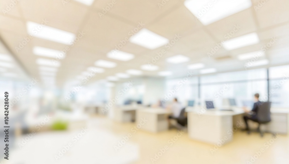 Blurred office interior with white walls and ceiling, people working in the background, light beige and yellow tones. Blurred office interior with white walls and ceiling, people working in the background, light beige and yellow tones.