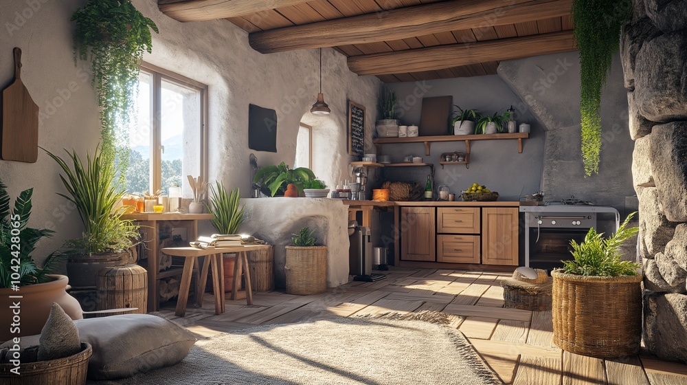 Fototapeta premium Cozy rustic kitchen with wooden elements, greenery, and natural light in a charming countryside home during the day