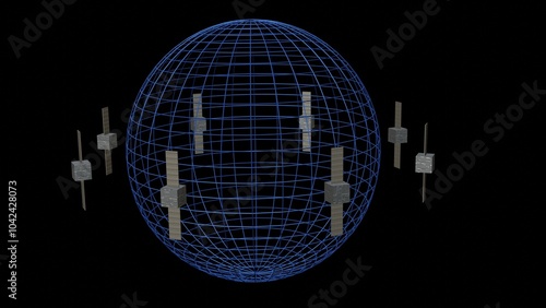 CubeSats orbiting planet. Nanosatellites circling around celestial body. Satellites around wire sphere. 3d render illustration