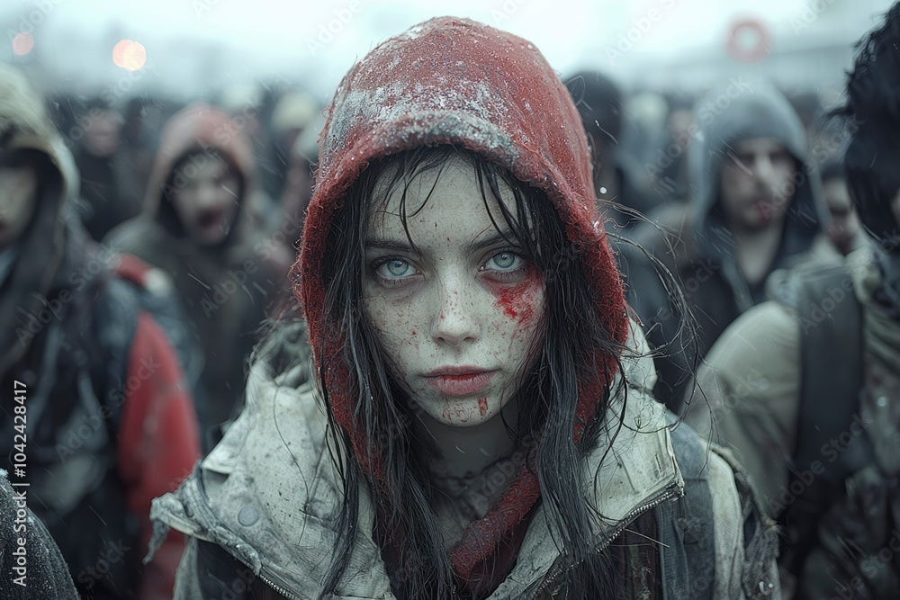 A Young Woman Covered in Blood Stands Amidst a Crowd of People A Young Woman Covered in Blood Stands Amidst a Crowd of People