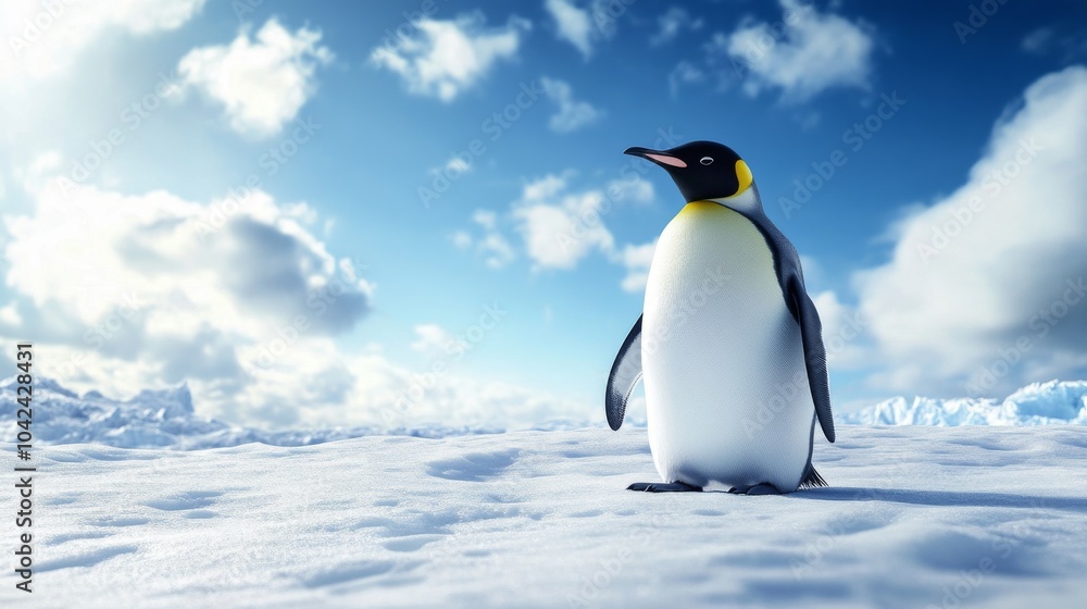 Fototapeta premium A lone emperor penguin stands on a snowy, icy landscape with a blue sky and white clouds in the background.
