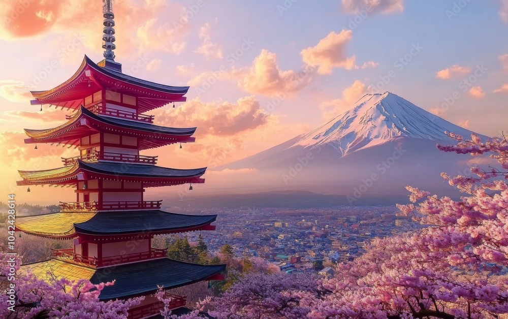 Fototapeta premium Stunning view of Chureito Pagoda at sunset with Mount Fuji and cherry blossoms, hyper-realistic Japan travel poster style.