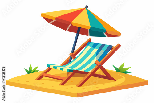 Beach chairs and umbrella on white background