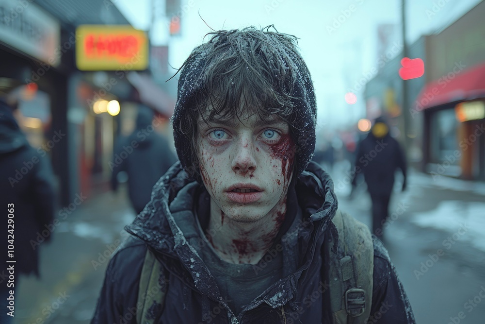 A Blood-Stained Boy in a Snowy City Street A Blood-Stained Boy in a Snowy City Street