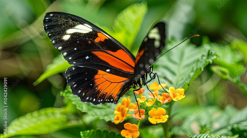 A close-up of a black, orange, and white butterfly perched on a yellow flower with its wings spread. A close-up of a black, orange, and white butterfly perched on a yellow flower with its wings spread.